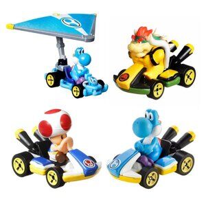 Lot of 4 Hot Wheels Mariokart cars - Light-blue Yoshi, Bowser, Toad